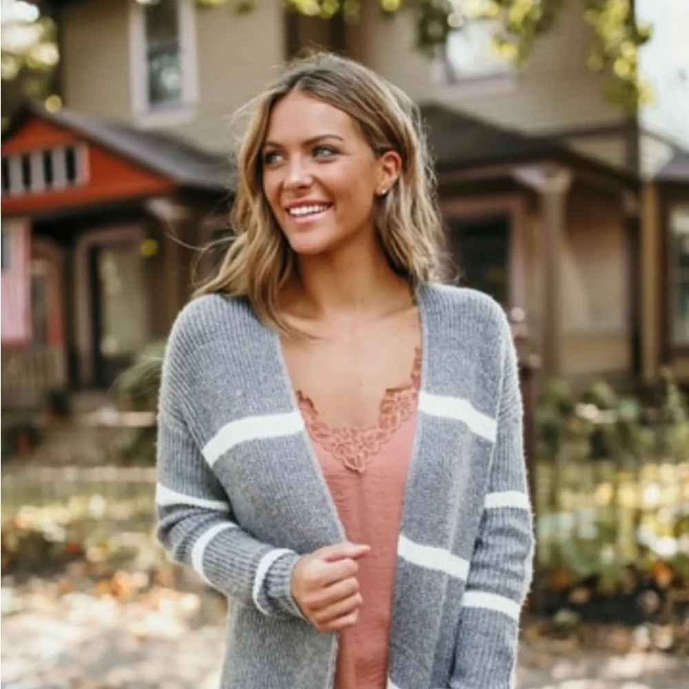 ✨SALE✨ STACCATO | Striped Knit Open Front Cardigan Sweater W/ Pockets - Picture 1 of 10